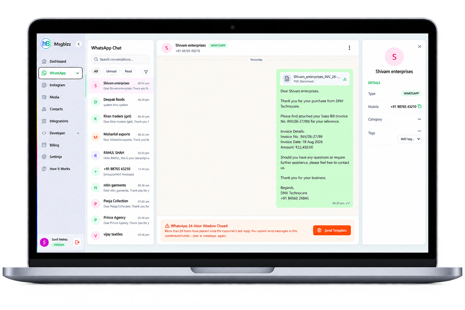 MsgBizz WhatsApp Chat inbox on laptop showing conversations, a message thread, and contact details