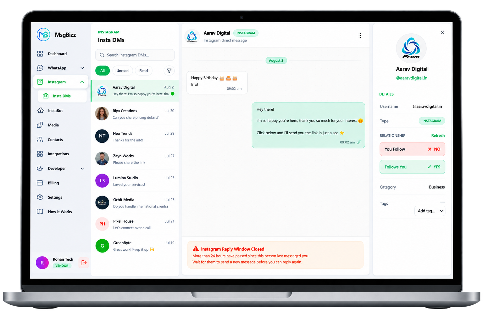 MsgBizz Insta DMs on a laptop showing Instagram conversations, an automated opening message, follow status, and the 24-hour reply window